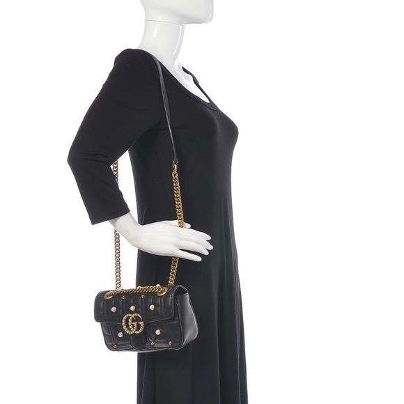 Gucci Marmont Black Leather, Pearl Studded Bag - Picture 6 of 7